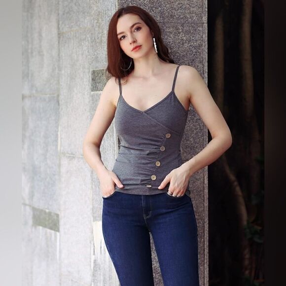 Amélieboutik Tops - AmélieBoutik Faux Wrap Button Embellished Spaghetti Strap Camisole Top Navy blue